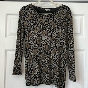 Diamond's USA Womens Leopard‎ Print Long Sleeve Knit Top Black Gold Animal Print